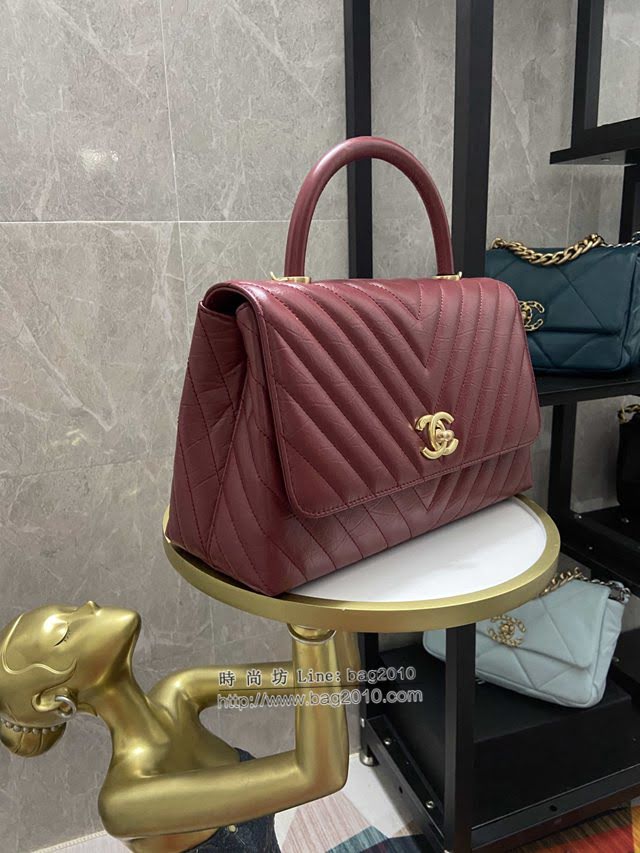 Chanel女包 香奈兒專櫃V格油臘皮配與油臘皮手柄口蓋包 Chanel單肩斜挎手提女包 92991  djc4184